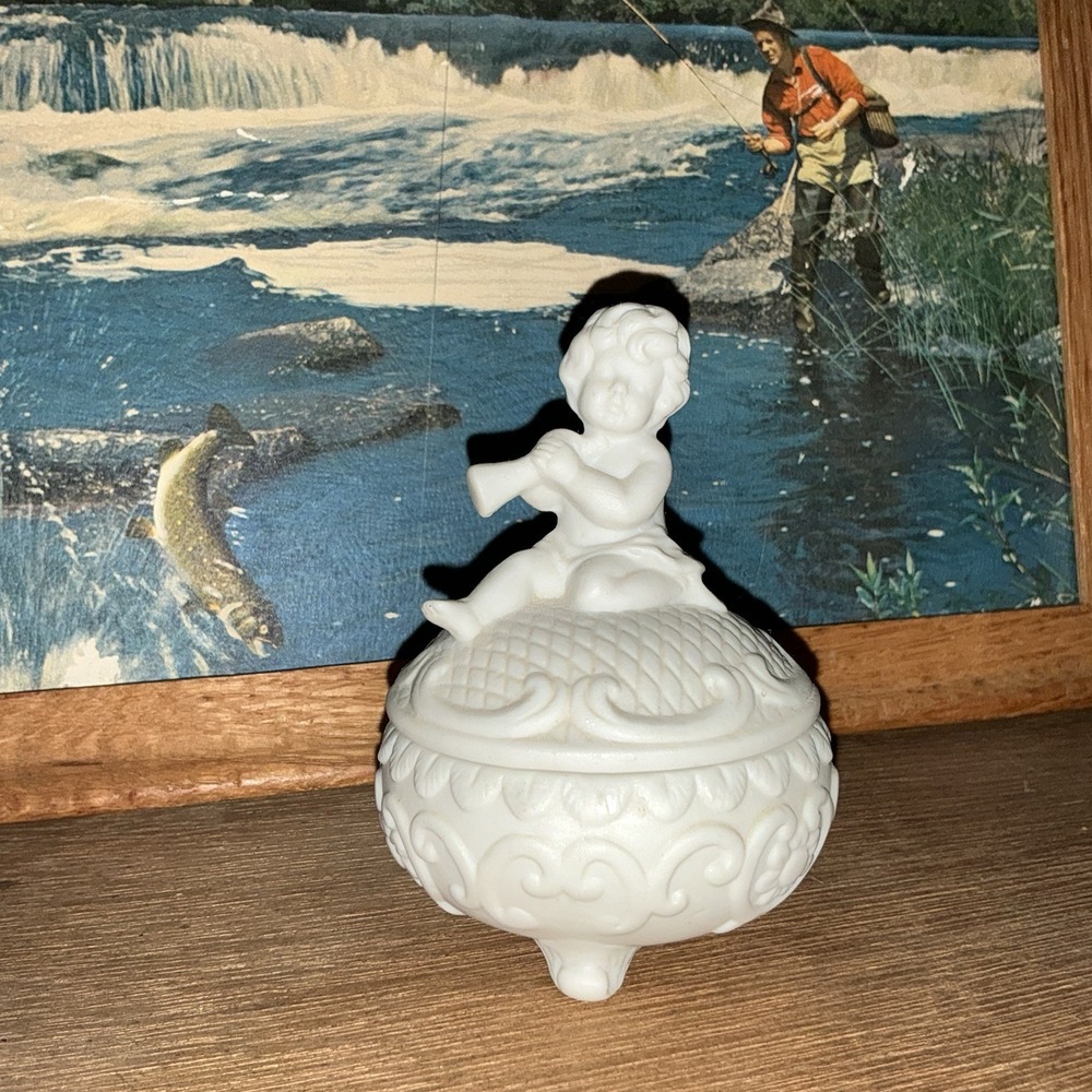 Vintage Bisque Porcelain Cherub Angel Baby Trinket Box Coquette Rococo Decor